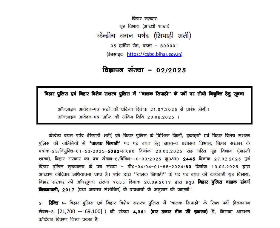 Bihar Police Driver Constable Recruitment 2025