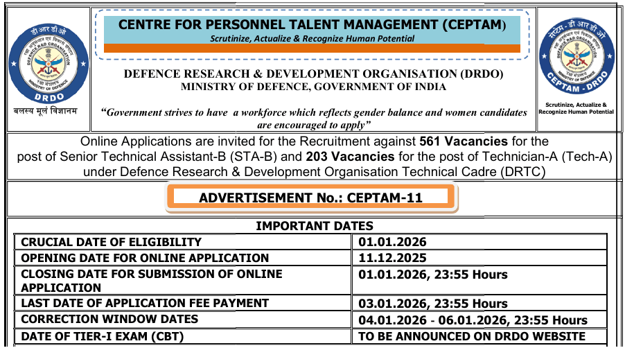 DRDO CEPTAM 11 Recruitment 2025 Notification Banner