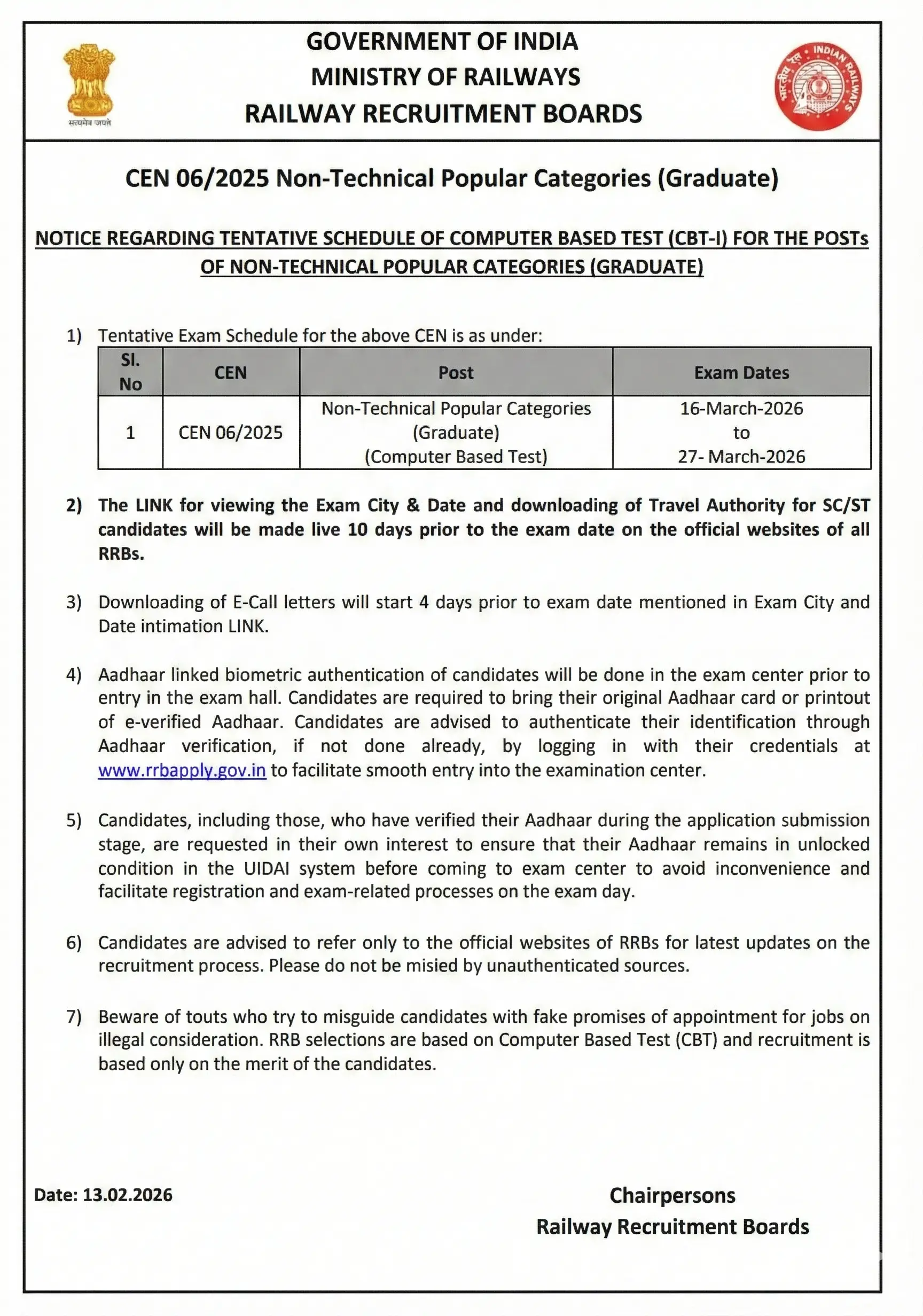 RRB NTPC GRADUATE EXAM DATES 2026