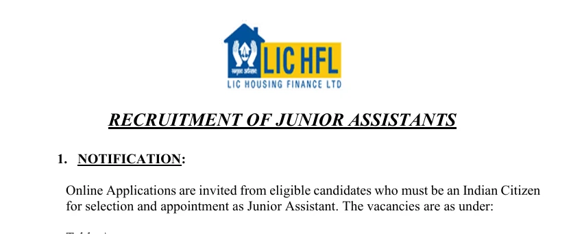 LIC HFL Junior Assistant Recruitment 2026 Notification Details