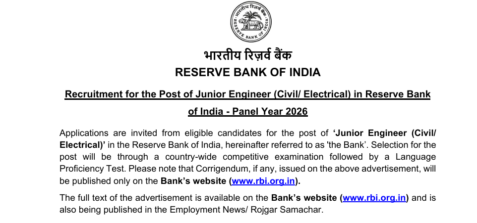 RBI JE Recruitment 2026 Notification Details