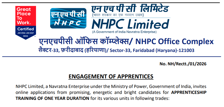 NHPC Apprentice Recruitment 2026 Notification Details