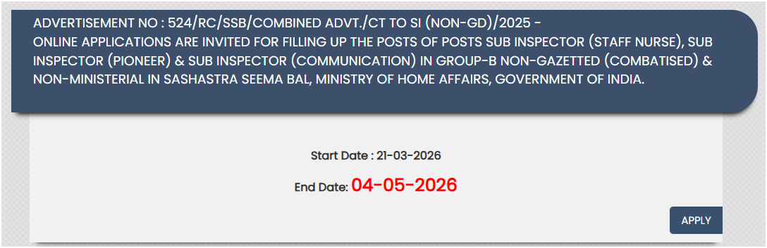 SSB Head Constable Last Date Extended Notice